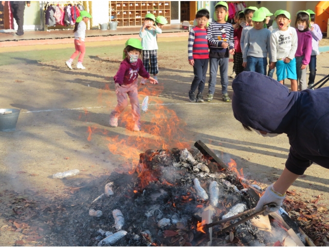 火の中にうまく
芋が入るかな？