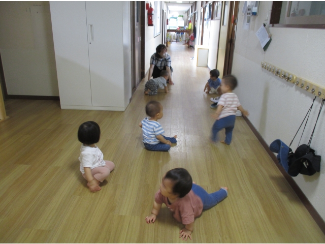 　保育者が「おいで～」と声を掛けるとみんなにこにこでよーいドン！