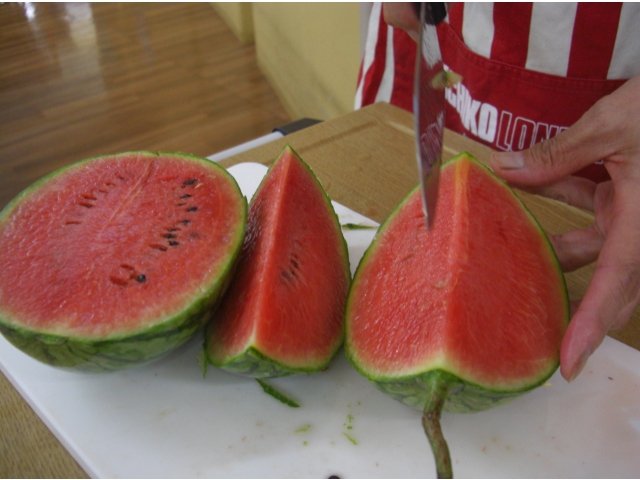 切ってみると食べごろのすいかでした。