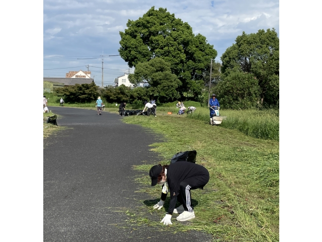 八寿会の方々が自前の機械や道具で草を切ってくださいます。西尾苑の職員も道具を使って草を集めたり、軍手装備で袋詰めします。
