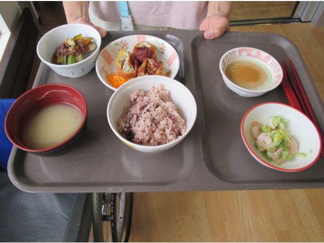 食事は赤飯・豚カツ・抹茶ミルクプリンなどなど豪華でした。